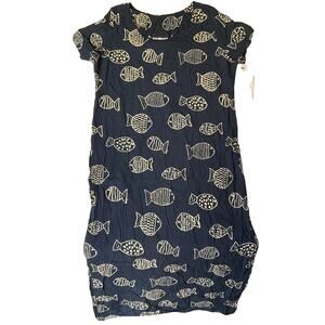 Club Mystique Women Maxi Dress M Navy Graphic Print Shift Fish Short Sleeve